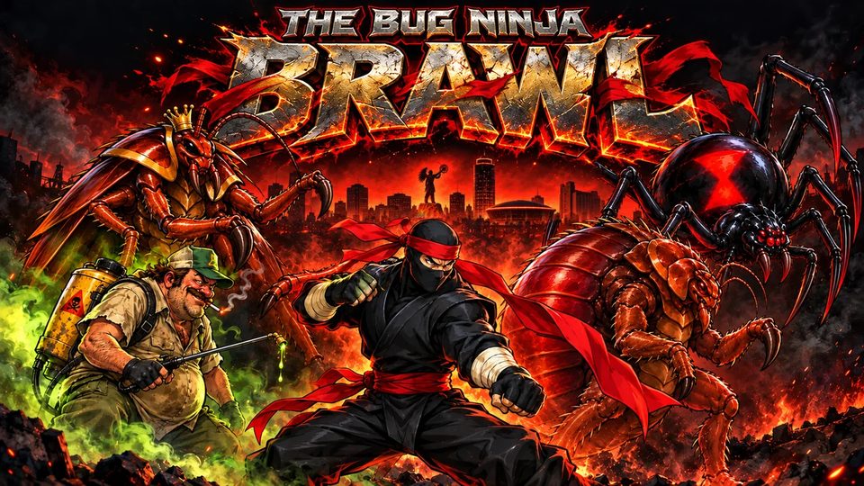 The Bug Ninja: BRAWL cover art: the Ninja facing a giant roach king, a black widow, a bed bug brute and a sloppy exterminator over a burning Wichita skyline